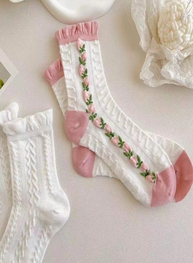 jecvxor 5 Pairs Women's Mid Socks Set, Pink and White Thin Knitted Breathable Ankle Socks, Floral Spring Summer Mid Crew Socks - Image 2